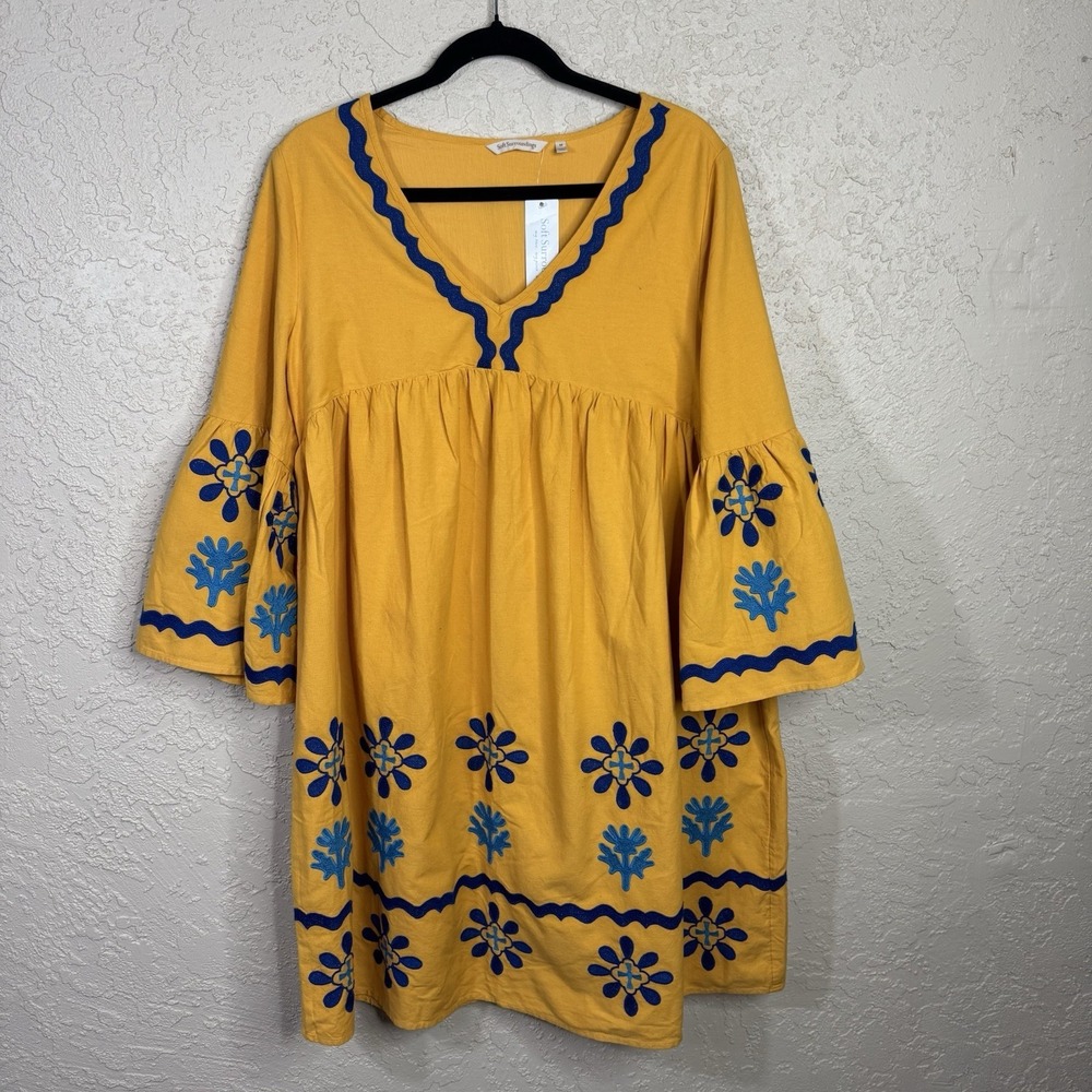 Soft‎ Surroundings Petra Peasant Dress NWT Womens Medium Embroidered Yellow Boho